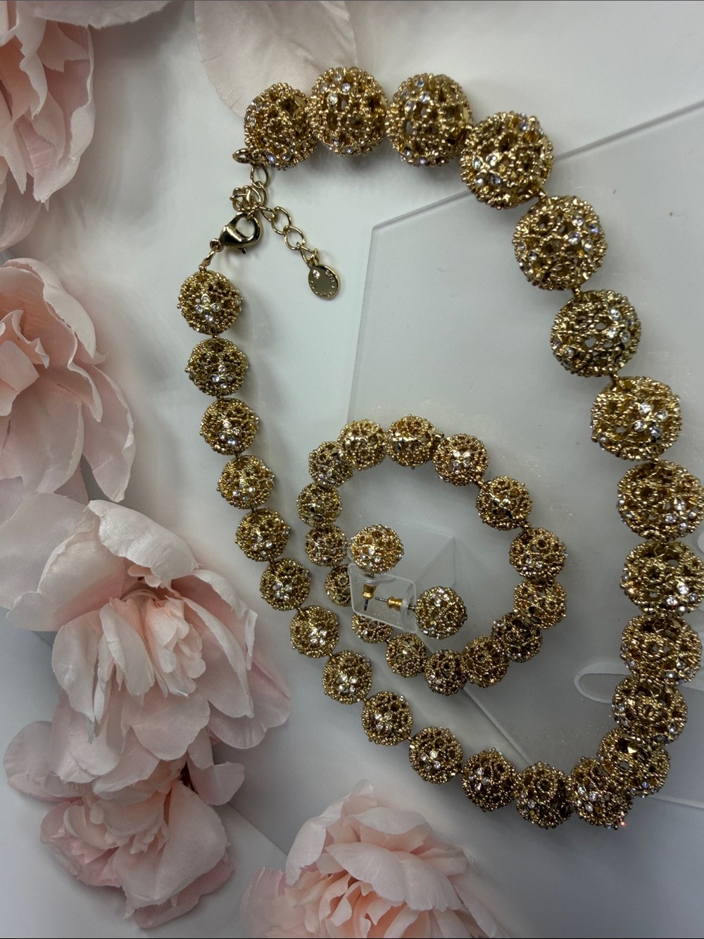 Elegant Gold-Tone Crystal Ball Necklace and Bracelet Set
